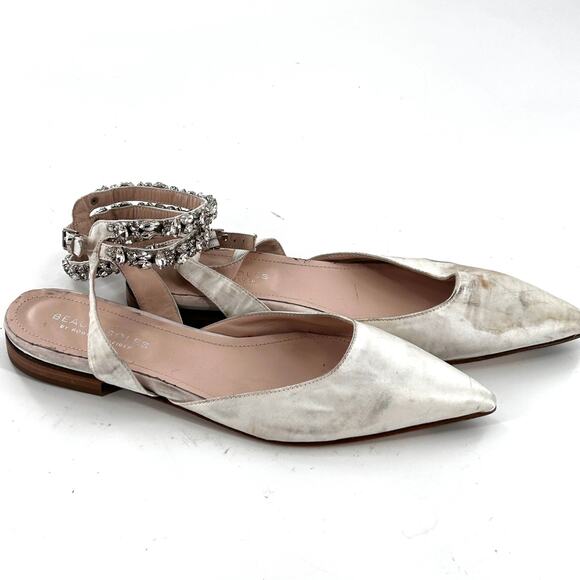BEAUTIISOLES Cathy Flats 11 White Satin Jewel Ankle Strap Bridal Wedding - Picture 2 of 9
